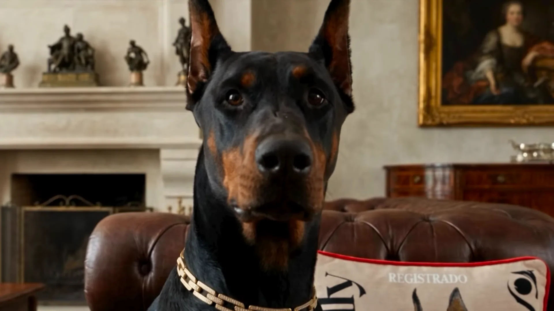 Doberman con cadena dorada frente a la chimenea y un retrato al óleo